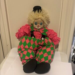 Vintage Creepy Clown Soft Body Doll with Pink and Green Outfit